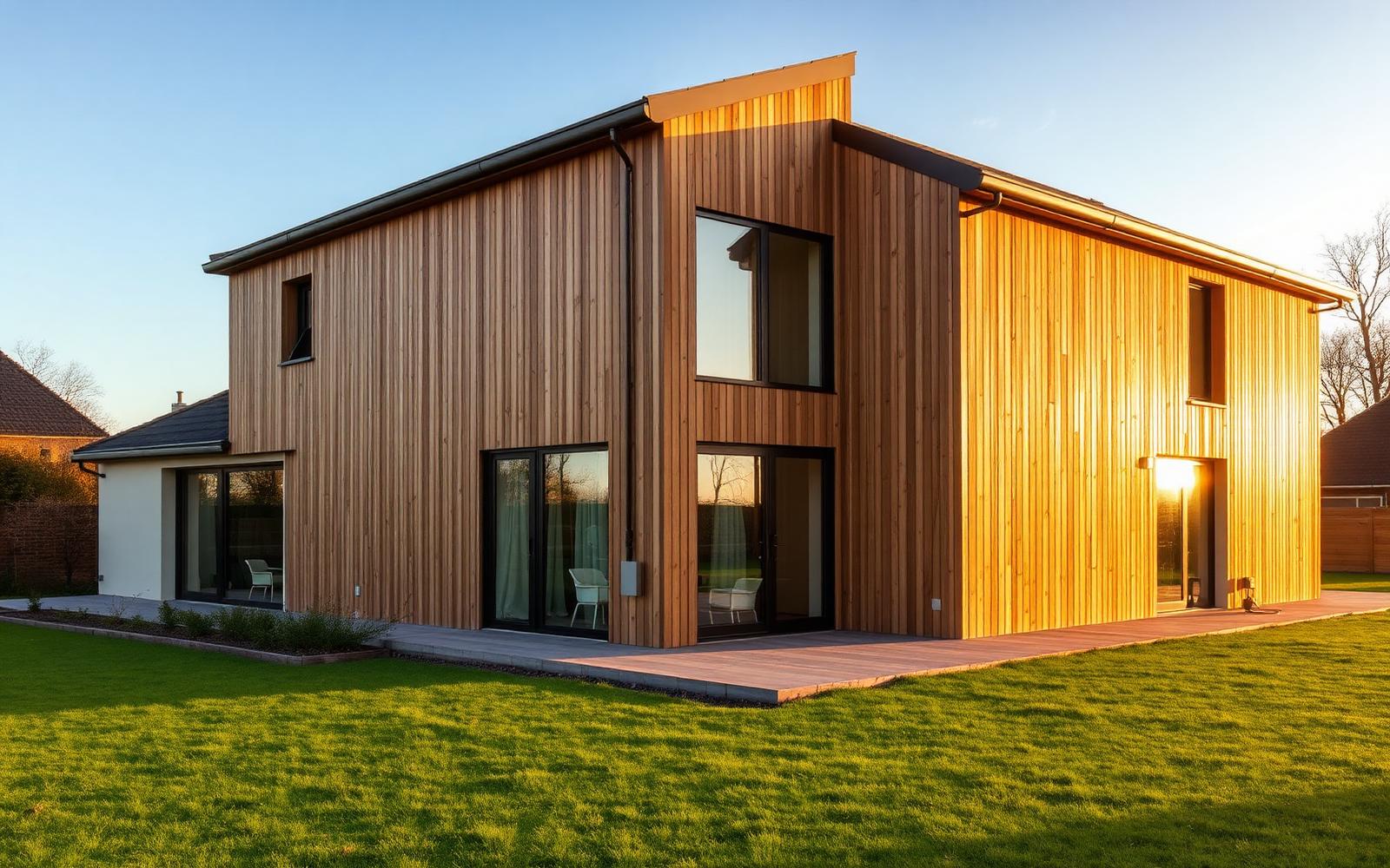 Maison rénovée énergétiquement avec bardage bois et grandes ouvertures