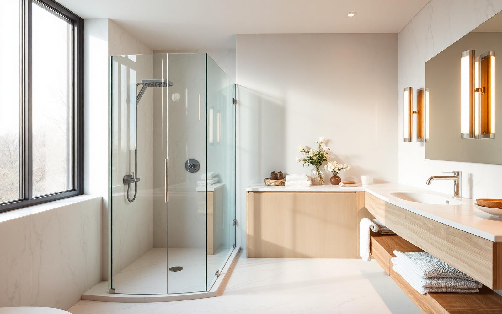 Salle de bain rénovée avec douche italienne et meuble bois